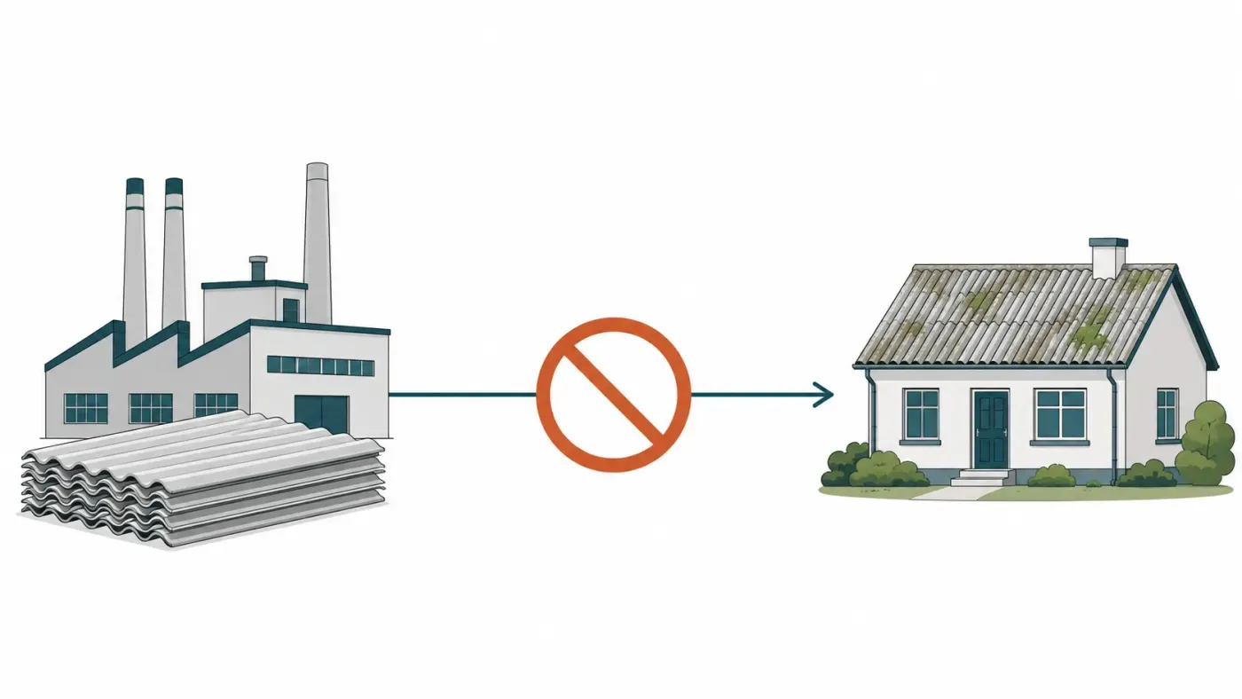 Zeitstrahl-Illustration: Fabrik mit gestapelten Eternit-Wellplatten, dann ein Verbotssymbol, dann ein gealtertes Einfamilienhaus mit bemoostem Welleternit-Dach